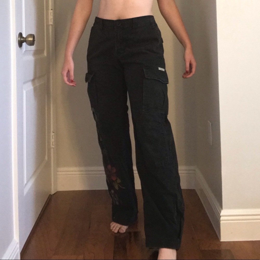 Lucky Brand Black Dungarees/Cargo Pants w/ Flowers